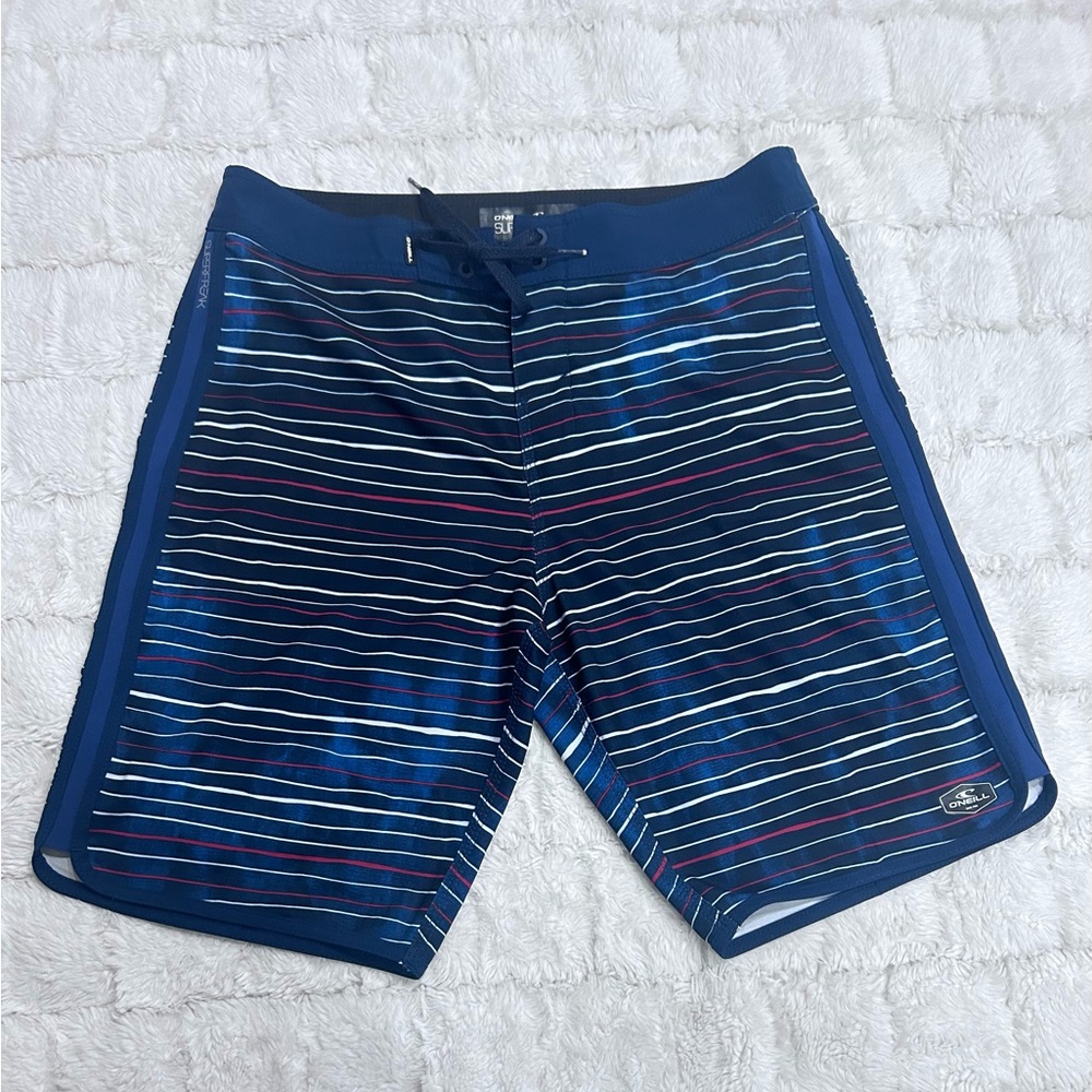 O'Neill Men’s Navy Blue Red White Striped Boardshorts Size 30